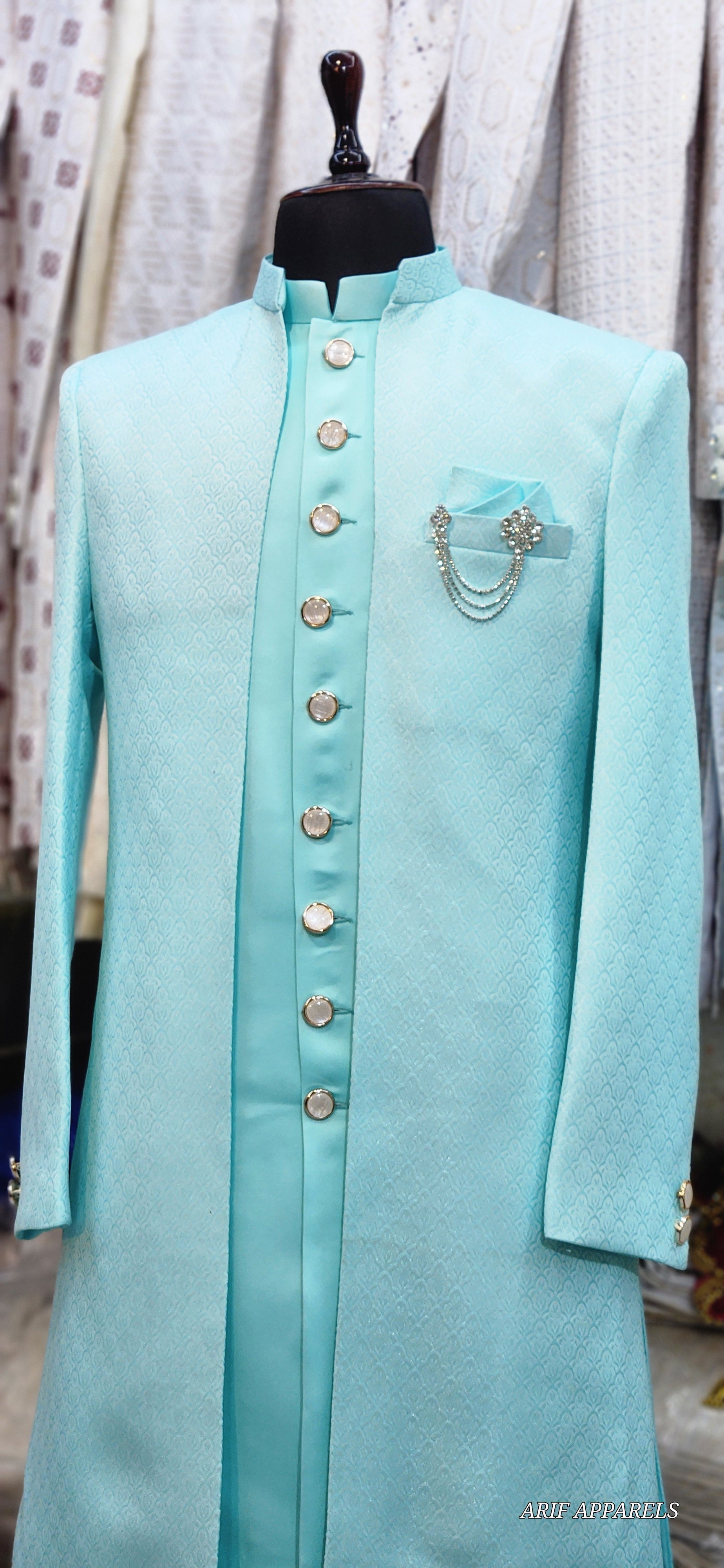"Ice Blue Regal Sherwani with Matching Trousers"